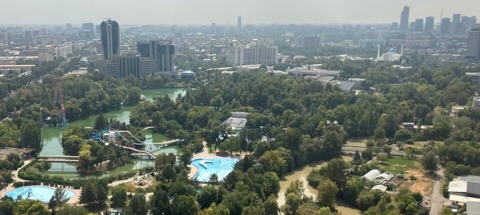 Tashkent cityscape view. Aerial photo of Tashkent's skyline, featuring lush greenery, parks, and modern buildings.